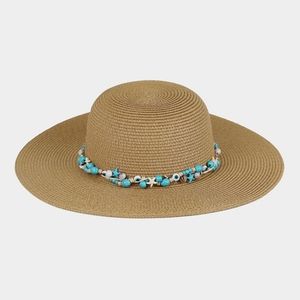 Taupe Beaded Evil Eye Band Straw Sun Hat Brim Womens Statement Fashion Accessory